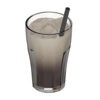 3D render of iced coffee with a visible swirl of milk mixing into the brew, served in a transparent glass with a black straw, showing realistic frosty ice cubes png