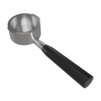 3D rendering of a coffee portafilter attached to a professional-grade espresso machine. The metal surface is reflective png