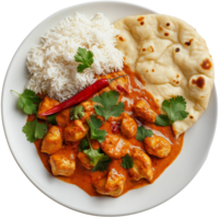 A spicy chicken tikka masala with basmati rice and naan bread Image, hamburger isolated on transparent background, hamburger illustration png