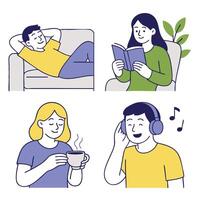 Relaxing activities at home include reading, listening to music, and enjoying warm drink vector