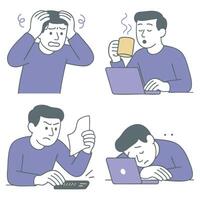 Feeling overwhelmed and stressed while working on laptop, showing various emotions vector