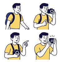 Cheerful young man with backpack taking photos with camera, expressing excitement and curiosity vector
