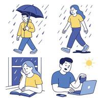 Person walking in rain with umbrella, and another enjoying sunny day indoors vector