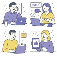 Digital illustration of people working in cafe, engaging in conversations and using technology vector