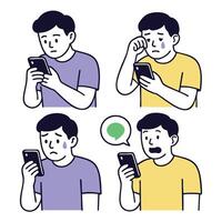 Person experiencing various emotions while using smartphone, showing sadness and concern vector