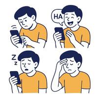Series of four illustrations showing person experiencing different emotions while using vector