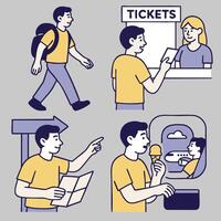 Traveling man buying tickets, exploring attractions, enjoying ice cream, and navigating vector