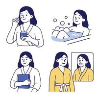 Woman enjoying self care routines, applying skincare, relaxing in bath, and smiling in robe vector