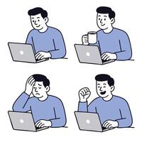 Series of illustrations showing man using laptop, expressing various emotions like happiness vector