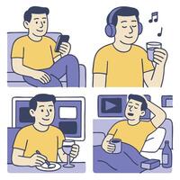 Relaxing man enjoying leisure activities home, using phone, listening to music, and having drink vector