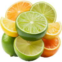 Mixed citrus arrangement with lime, lemon, orange slices Image, orange slice isolated, orange slice illustration Design png