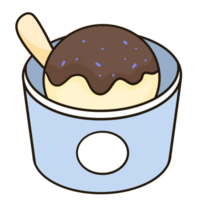 Valinara ice cream with chocolate jam and toppings, served in ice cream cups and ice cream scoops. png