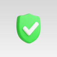 A 3D green shield icon featuring a white check mark. vector