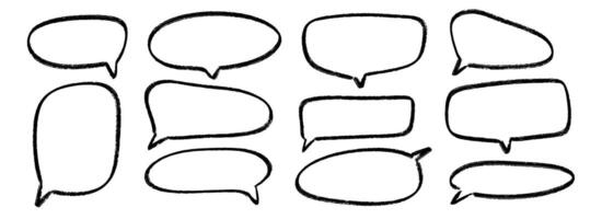 Hand drawn speech bubbles set. Doodled crayon dialog box collection. Sketched textured comic talk frames. Round, square or rectangle balloon text box bundle. Chalk pencil chat cloud pack vector