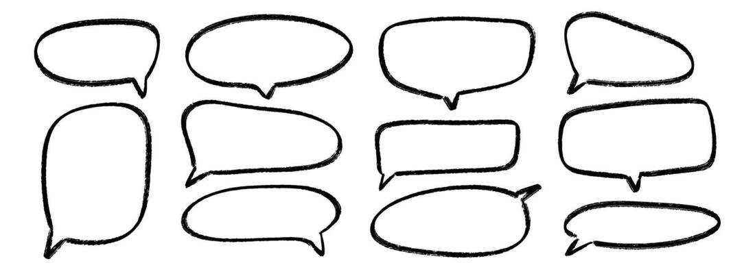 Hand drawn speech bubbles set. Doodled crayon dialog box collection. Sketched textured comic talk frames. Round, square or rectangle balloon text box bundle. Chalk pencil chat cloud pack