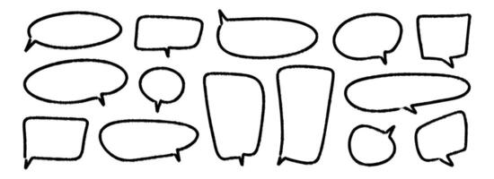 Hand drawn speech bubbles set. Doodled marker dialog box collection. Sketched textured comic talk frames. Round, square or rectangle balloon text box bundle. Felt tip pen chat cloud pack vector