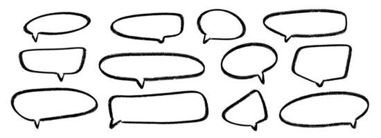 Hand drawn speech bubbles collection. Doodled crayon dialog box set. Sketched textured comic talk frames. Round, square or ellipse balloon text box bundle. Chalk pencil chat cloud pack. vector