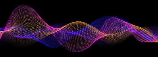 Neon sound wave on black background. Abstract flowing wavy dot lines design for ai concept, eq equalizer, audio record, voice assistant. Blue pink purple gradient dashed curve stripe wallpaper. vector