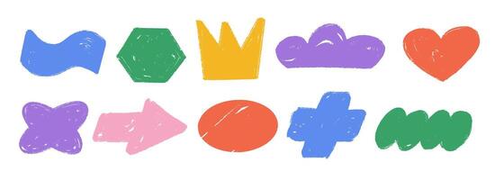 Colorful hand drawn crayon shape set. Bright charcoal doodle collection. Pastel pencil texture form pack for sticker, patch, badge, label. Childish sketch cloud, arrow, hexagon, heart elements. vector
