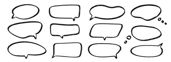 Hand drawn speech bubbles collection. Doodled crayon dialog box set. Sketched textured comic talk frames. Round, square or ellipse balloon text box bundle. Chalk pencil chat or think cloud pack vector