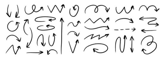 Crayon hand drawn arrow collection. Black wavy, zig zag and curved doodle arrows set. Grungy charcoal sketch pointer or direction lines. Pastel pencil, felt pen or marker brush stroke elements vector