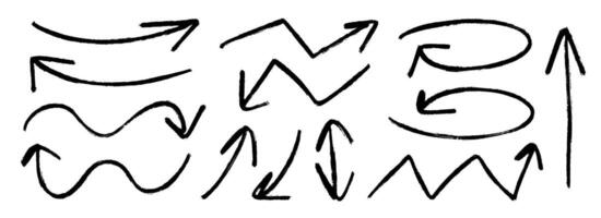 Hand drawn arrow marker collection. Black curve, zig zag and straight doodle arrows set. Pastel pencil, chalk or crayon brush stroke elements. Grunge charcoal sketch pointers or direction lines vector