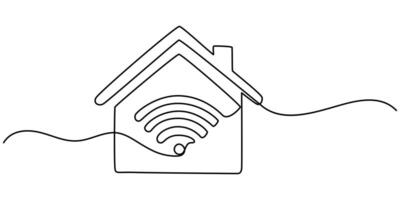 Continuous one line drawing smart house with WiFi, Hand Drawn Symbol Illustration, Work From Home Line Icons With Editable. vector