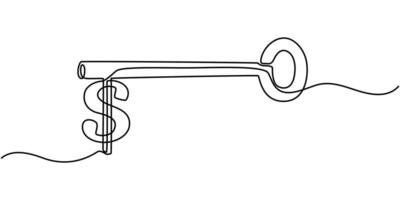Dollar key continuous one line drawing, safe haven for investment or wealth manager to manage money, Continuous line draw design illustration and white background. vector