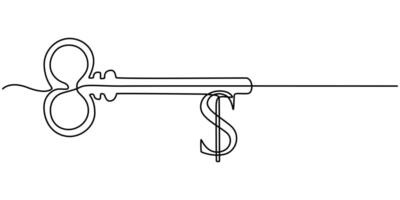 Dollar key continuous one line drawing, Financial key success, safe haven for investment or wealth manager to manage money, Continuous line draw design illustration and white background. vector