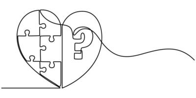 Love puzzle icon continuous one line drawing, One line Heart puzzle icon background, A broken heart icon, Continuous outline of a Particles of the heart icon. vector