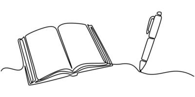 Abstract antique ink pen for writing and open book, continuous single one line art hand drawing vector