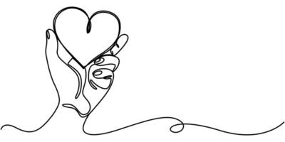 One continuous line drawing of hands holding heart, Concept of love relationship and volunteer organisation symbol in simple linear style vector