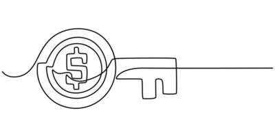 Dollar key continuous one line drawing, Financial key success, Continuous line draw design illustration and white background. vector
