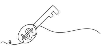 Doller with key icon continuous one line drawing illustration on white background, Financial key success, safe haven for investment or wealth manager to manage money vector