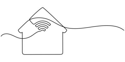 Continuous one line drawing smart house with WiFi icon, Continuous line drawing of house and wifi Icon, Hand drawn symbol illustration. vector