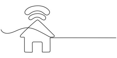 Smart house with wifi continuous one line drawing of white background, Continuous Line Drawing of Smart House icon, Hand drawn symbol illustration, Work From Home Line icons With Editable. vector