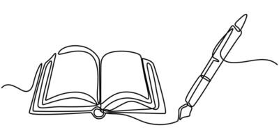 Opened book and pen in one continuous line drawing, Single continuous line drawing of notebook or notepad vector
