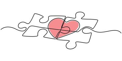 Love with puzzle continuous one line drawing, Love Puzzle icon, Heart puzzle icon, outline pro illustration and minimal concept, continuous drawing and white background. vector