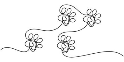 Heart with cat or dog paw in continuous one line drawing logo. Minimal line art. Animal foorprint in heart, Dog and cat paw hearts drawn in one continuous line. vector