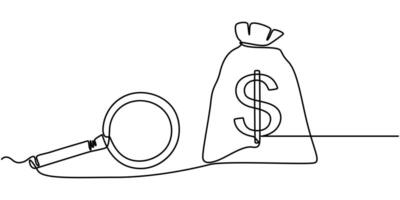 money bag with magnifying glass continuous one line drawing vector