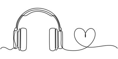 Abstract headphones with heart as continuous one lines drawing on white background vector
