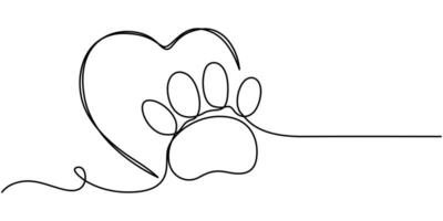 Continuous one line Drawing of a dog or cat paw print with a heart inside vector