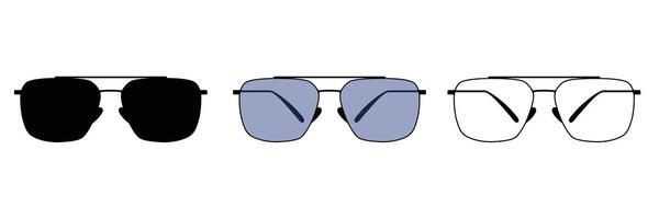 Illustration of aviator square sunglasses type in various style black, color, and outline vector