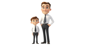 Animated characters of a father and son standing side by side in formal attire expressing camaraderie and generational connection png