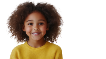 Happy child with curly hair wearing yellow sweater smiles warmly at the camera in a bright, cheerful setting with soft lighting png