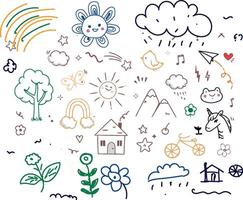 Crayon hand-drawn doodle of a garden with flowers, trees, a rainbow, birds, bees, and smiling suns. Childlike style using colored pencils, creating a seamless pattern or wallpaper design for children vector