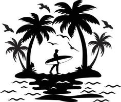 sunset on the beach with palm trees and birds vector