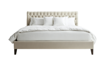 Elegant tufted bed frame with white bedding and pillows in a minimalist setting, perfect for a modern bedroom design png