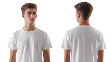 Model showcasing a plain white t-shirt from different angles in a studio setting during daylight png