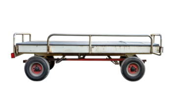 Rusty flatbed cart stands isolated against a clean background, showcasing its utilitarian design and sturdy wheels for transportation tasks png